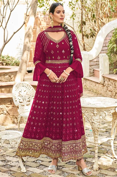 buy wine embroidered georgette anarkali suit  prm