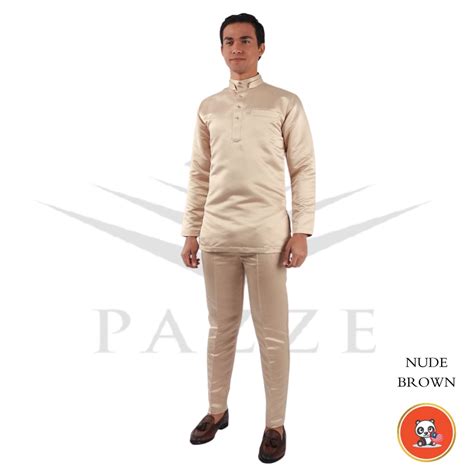 Satin Matte Colour Baju Melayu Slim Fit Cream Nude Brown Emerald Green Smokey Grey Navy