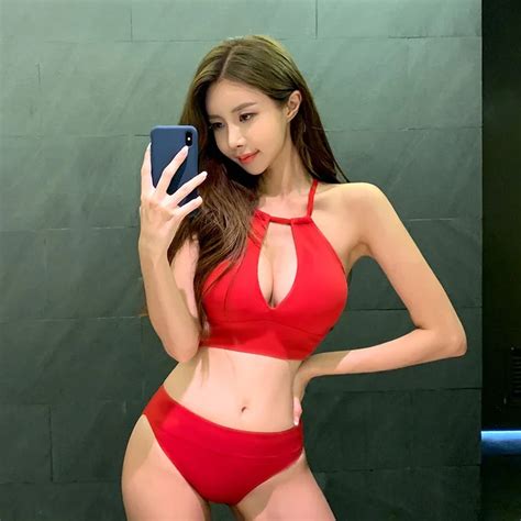 Korean Style Cut Out Bikini Set Women Biquini High Neck Swimwear Low Waist Swimsuit Micro Red