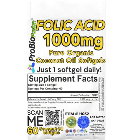Folic Acid 1000mcg Softgels With Pure Organic Coconut Oil Boost Your