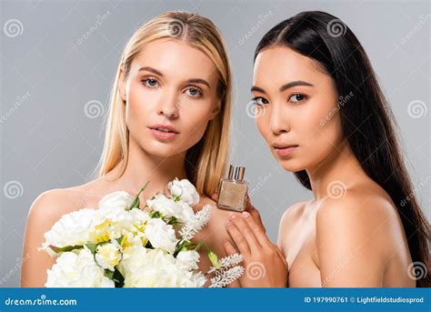 Naked Women With White Flowers And Perfume On Grey Stock Image Image Of Perfumery Essence