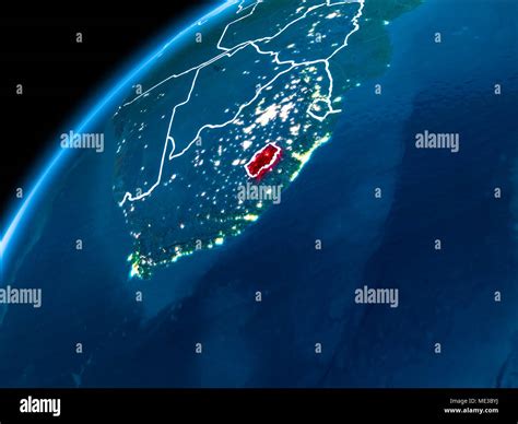 Lesotho Highlighted In Red From Earths Orbit At Night With Visible