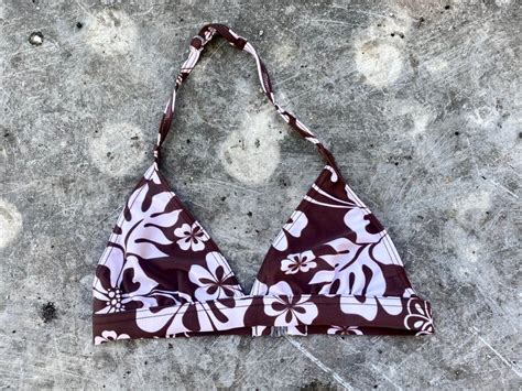 Y K Vintage Hibiscus Print Brown And Pink Bikini Top Size Xxs Etsy