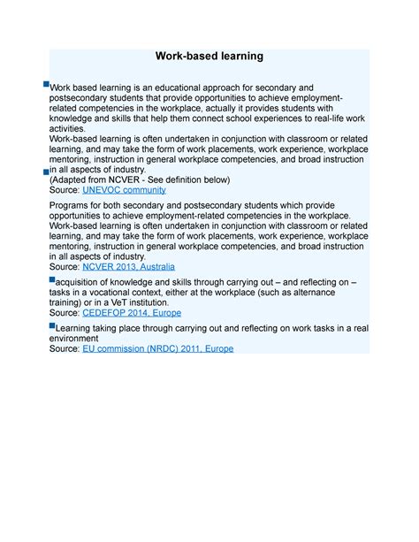 Work-based learning - n/a - Work-based learning Work based learning is