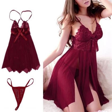 Sexy Femmes Split Dentelle Babydoll Lingerie Chemise De Nuit Vêtements De Nuit Pyjama Rouge