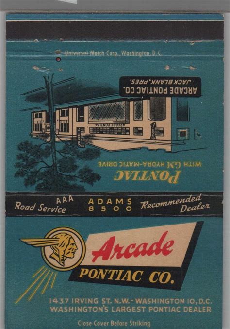 Matchbook Cover Vintage Pontiac Dealer Arcade Pontiac Washington DC