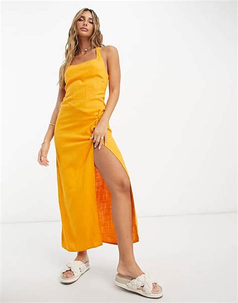 Asos Design Linen Scoop Halter Maxi Sundress With Knot Detail In Mango Asos