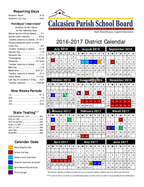 2016 - 2017 School Calendar | Calcasieu Parish School Board – Lake