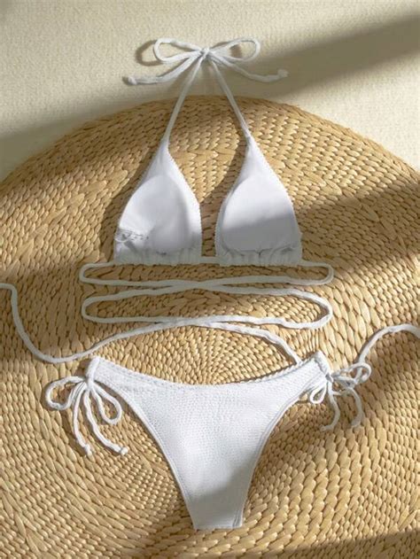Shein Swim Basics Bikini Tinta Unita Halter Triangolo Con Lacci Laterali Shein Italia