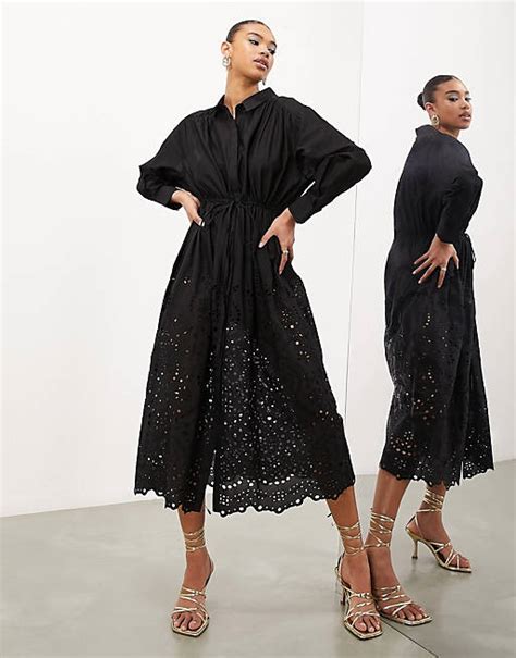 Asos Edition Drawstring Shirt Midi Dress With Broderie Hem In Black Asos