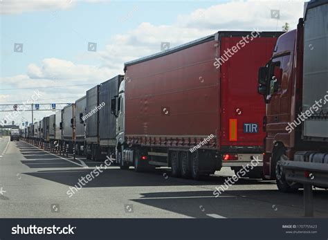 drivers strike big queue trucks semitrailers stock photo edit