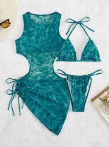 SHEIN Swim Women S Summer Beach Tie Dye Halter Neck Sexy Bikini Bathing Suit Set With Cover Up