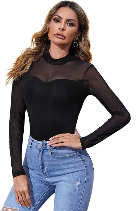 Shein Women S Sheer Mesh Mock Neck Tees Top Long Sleeve Solid T Shirt Allears