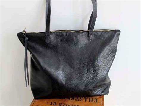 Soft Black Leather zipper Tote Bag Everyday Tote Bag