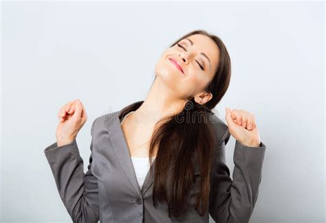 Happy Carefree Brunette Long Brown Hair Woman With Cute Calm Smile Looking Happy And Sitting On