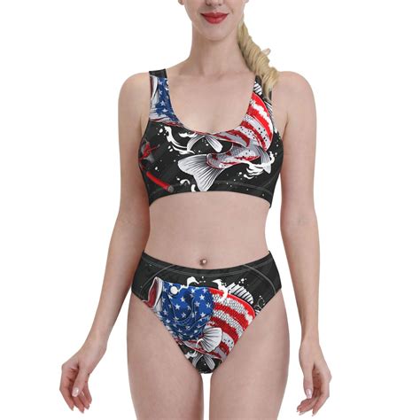 Adobk Largemouth Bass Fish In Usa Print Women High Waisted Bikini Set Sports Swimsuit Bathing