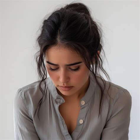 Mujer Latina Triste Vestida Con Una Blusa Gris Con Un Fondo Blanco