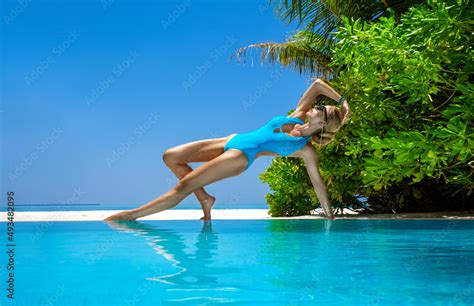 Sexy Woman In Bikini Near The Pool At Maldives Tropical Sand Beach Glamour Model In Elegant