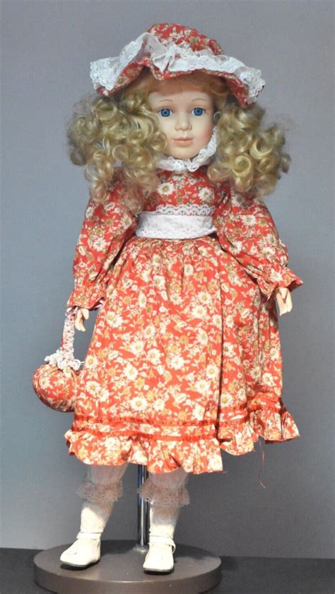 Vintage Large Porcelain Doll Cm Blonde Hair Blue Eyes Red Etsy