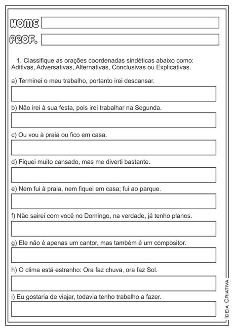 Exercicio Oração Coordenada - Atividade sobre Orações Coordenadas | Oração coordenada e subordinada ...