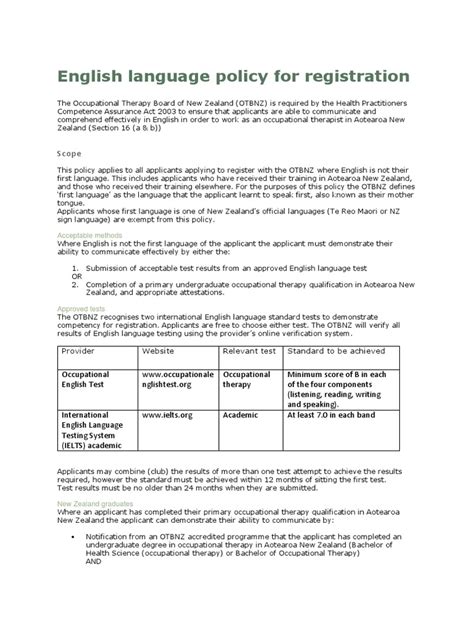 english language policy  registration reviewed