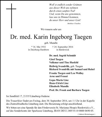 Traueranzeigen von Karin Ingeborg Taegen Trauer Lüneburg de