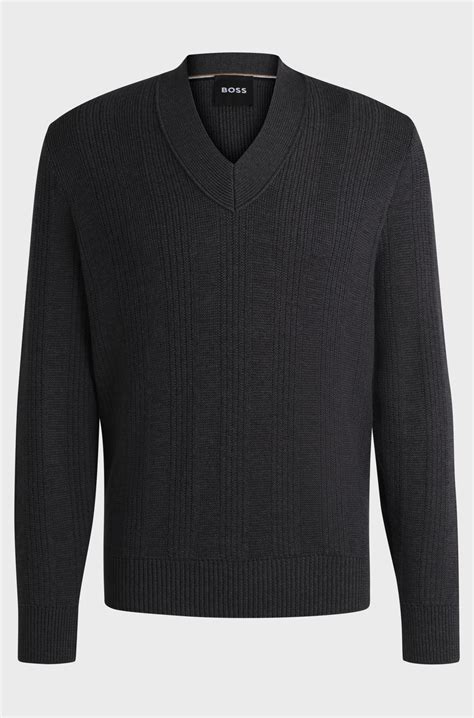 Boss Mixed Structure V Neck Sweater In Virgin Wool Dark Grey
