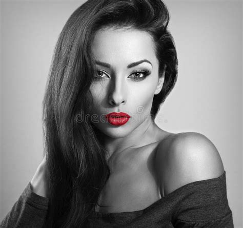 Beautiful Brunette Make Up Woman With Red Lipstick Looking Stock Image Image Of Beauty