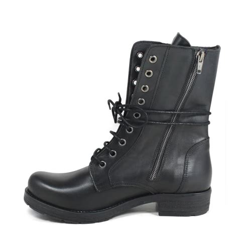 Military Boots Woman Genuine Leather Black Made in Italy