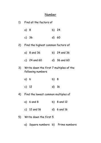 Factors Multiples Hcf Lcm Primes And Squares Homework By Tgc100969 Teaching Resources Tes