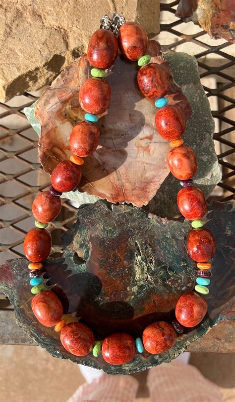 Sponge Coral Necklace With Gaspeite Orange Spiny Oyster Sleeping Beauty