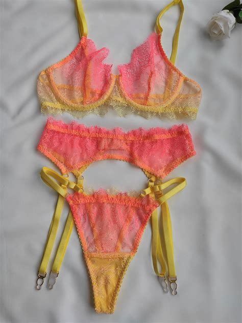 Pink Lingerie Set Yellow Lace Lingerie Coral Lingerie Set Etsy