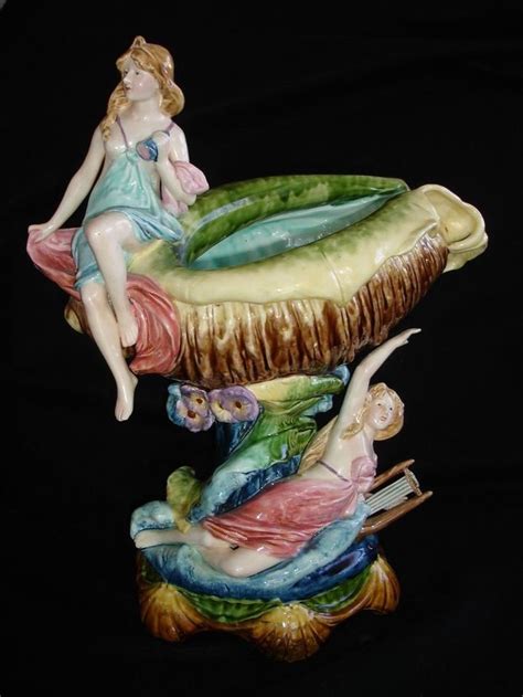 Majolica Art Pottery In Centerpiece Shell Bowl Sirens Nude Water Nymphs Women Pottery Art