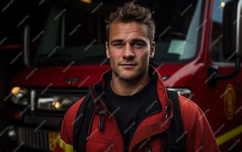 Premium Photo Male Firefighter Uniform Firetruck