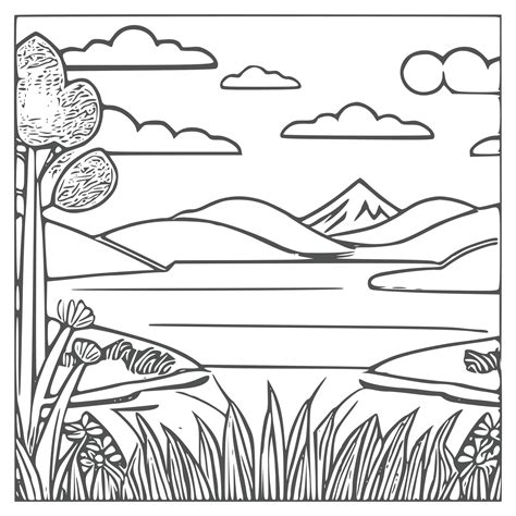 Landscape Coloring Book Mountains And River Vector Art At