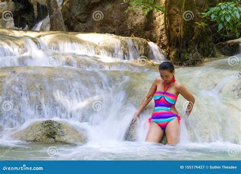 Woman Pretty With Bikini Stand Relax On Waterfall Stock Image Image Of Girls Current