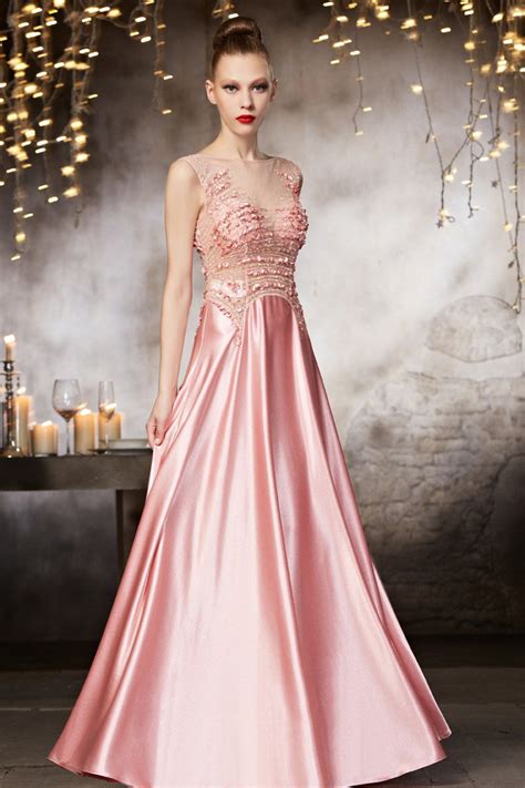 Robe de soirée rose semi transparent au haut ornée de strass JMRouge fr