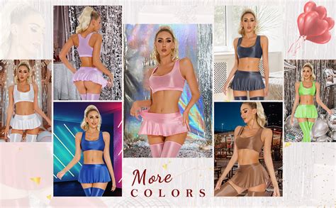 Feoya Women Shiny Mini Skirt Oil Glossy Pleated Skirt Solid Ruffle Lingerie Skirts For Party