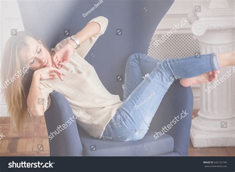 Beautiful Sexy Girl Blonde Jeans Posing Stock Photo Shutterstock