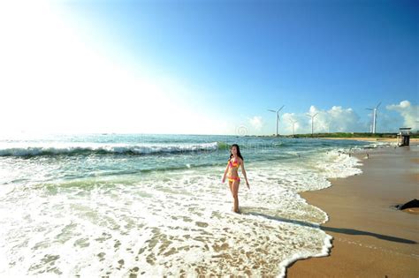 Beautiful Asian Girl In Bikini Playing In The Sea Stock Image Image Of Playing Clouds