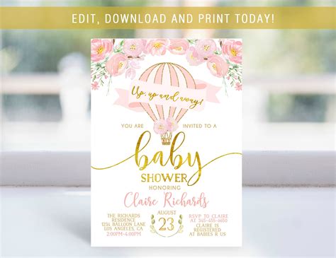 Hot Air Balloon Baby Shower Invitation Hot Air Balloon Etsy