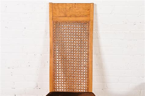 Milo Baughman Style Mid Century Modern Burl Wood And Cane High Back Dining Chairs By Lane Set