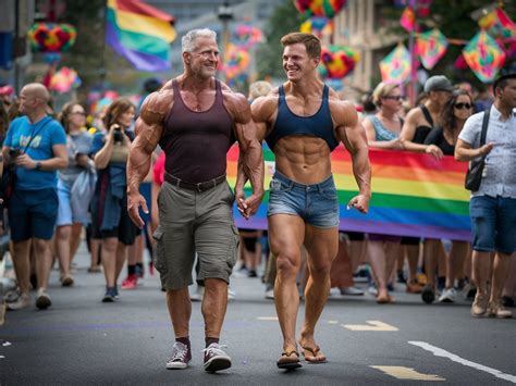 A Gay Bodybuilding Couple Walking In An Lgbtq Pride Parade Ideogram Ai Gingerbredman On