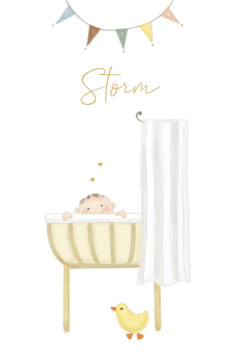 Aquarel Geboortekaartje Jongen Met Hartjes En Watervef In Nude Kleur