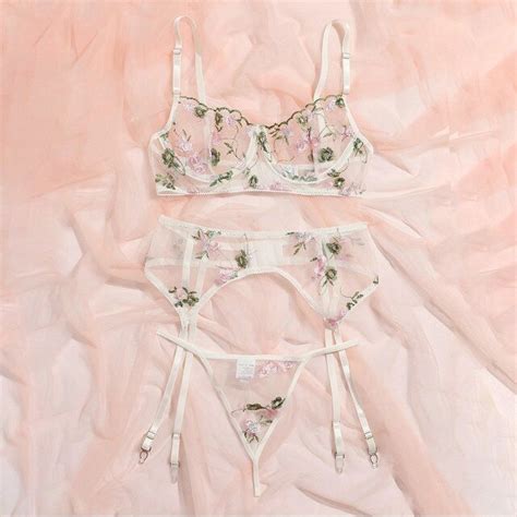 Flower Embroidery Lace Lingerie Sexy Bra Garter G String Women Underwear Set Transparent Mesh