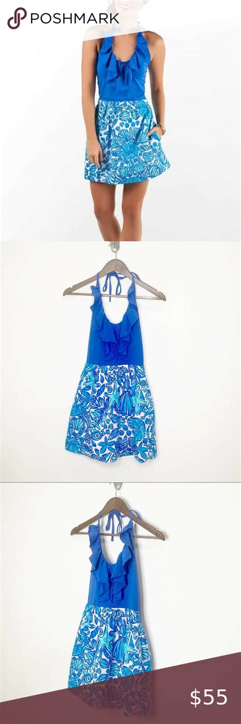 Lilly Pulitzer Quinn Halter Dress Blue Seashell Ruffles