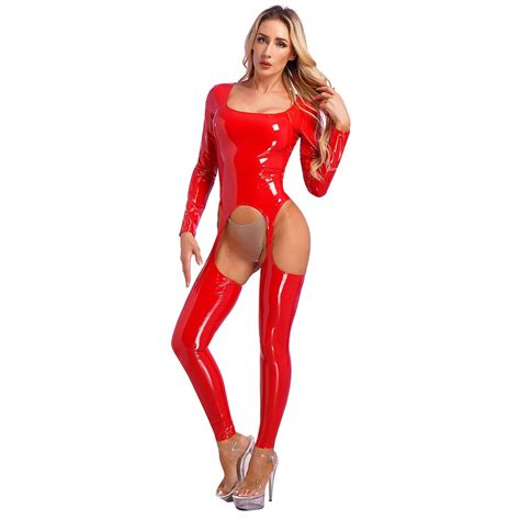 Women S Wet Look Bodysuit Patent Leather Lingerie Catsuit Clubwear Jumpsuit Ebay