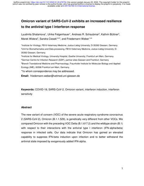 Pdf Omicron Variant Of Sars Cov 2 Exhibits An Increased Resilience To