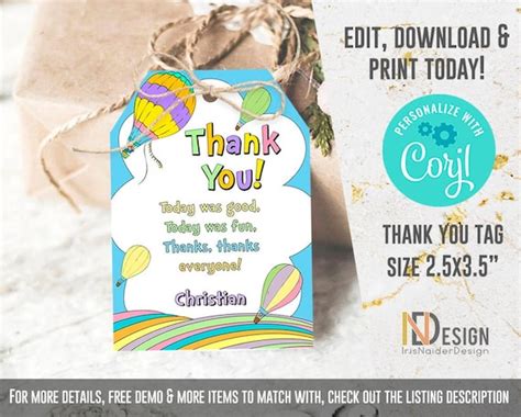 Editable Hot Air Balloon Thank You Tag Rainbow Favor Tag Adventure Awaits Pastel Colors