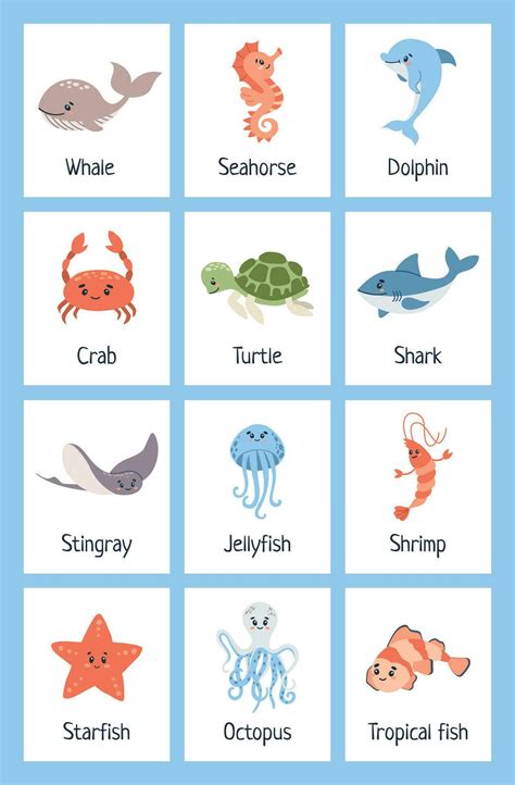 Sea animal flashcards. Learning ocean vocabulary. Sea creatures